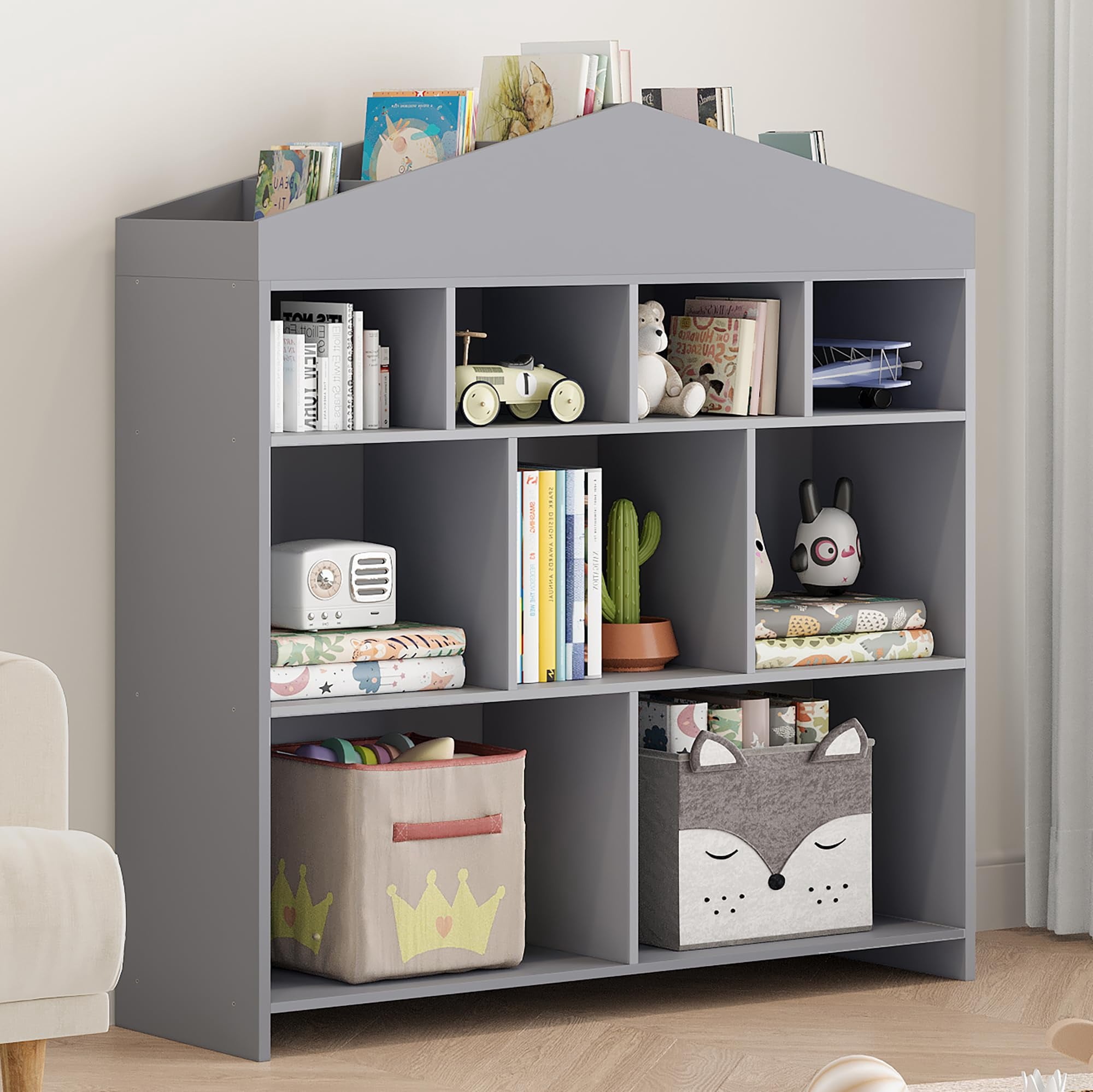 Kids Bookshelf 9-Cubby Toy Storage Organizer White Bookcase Toddlers ...