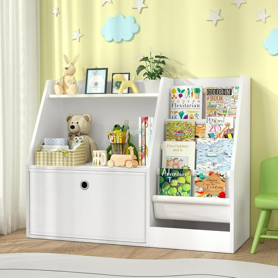 Kids Bookshelf,Book Storage Organizer,4 Sling Toddler Wooden Book Shelf,2-Tier Kids Bookcase for Bedroom,Livingroom,Playroom,Nursery-White