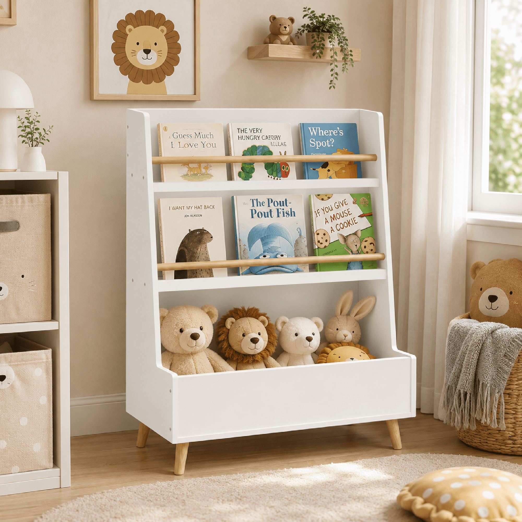 Kids Bookshelf, Book and Magazine Rack, Book Organizer, toy Storage Cabinet Organizer, White