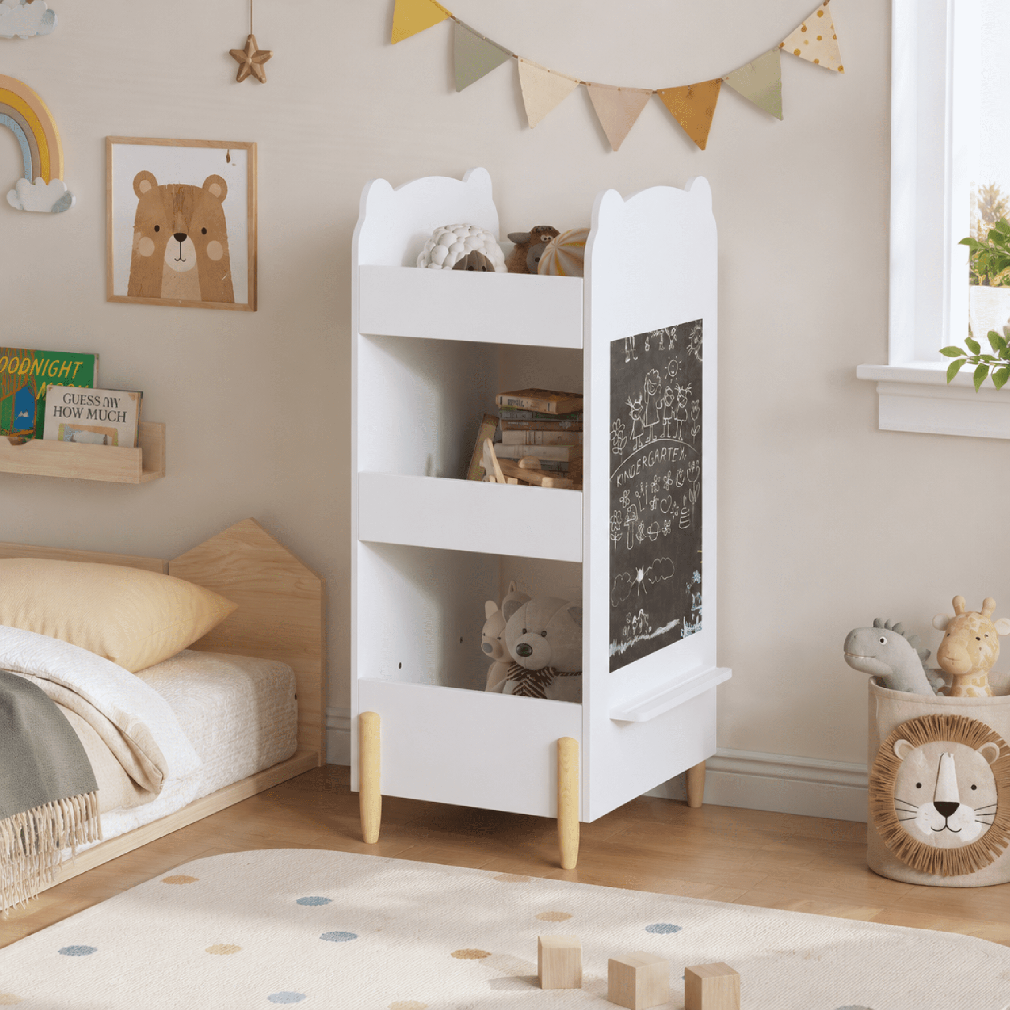 Kids Bookshelf with Chalkboard Side – Bear-Shaped Wooden Bookcase with 3-Tier Storage, Drawing Board for Toddlers, Toy and Book Organizer for Playroom or Bedroom – White