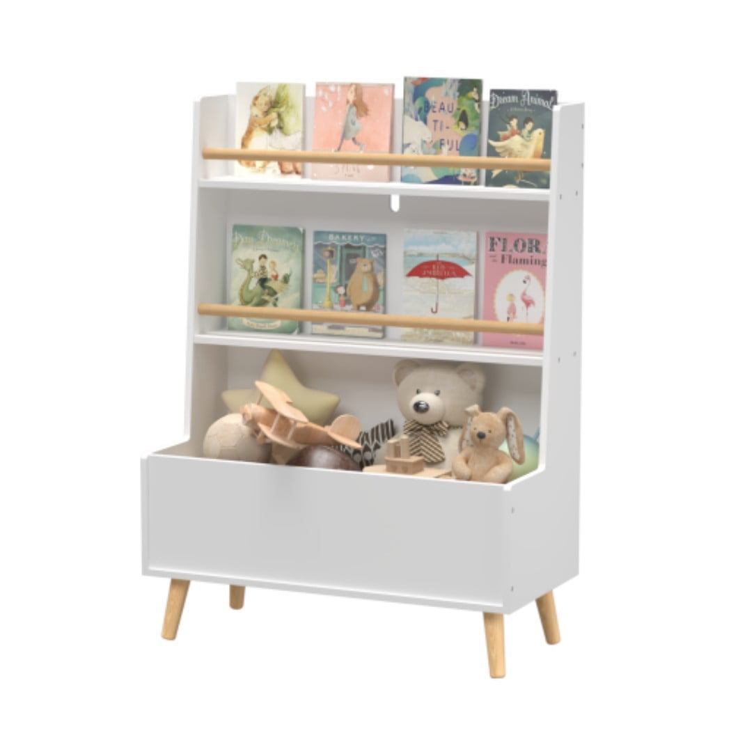 Kids Bookshelf, Children's Book and Magazine Rack with 2 Shelves & Toy Storage Bin, MDF Book Organizer with Pine Wood Legs, Wall-Anchored Toy Storage Cabinet for Bedroom & Playroom, White