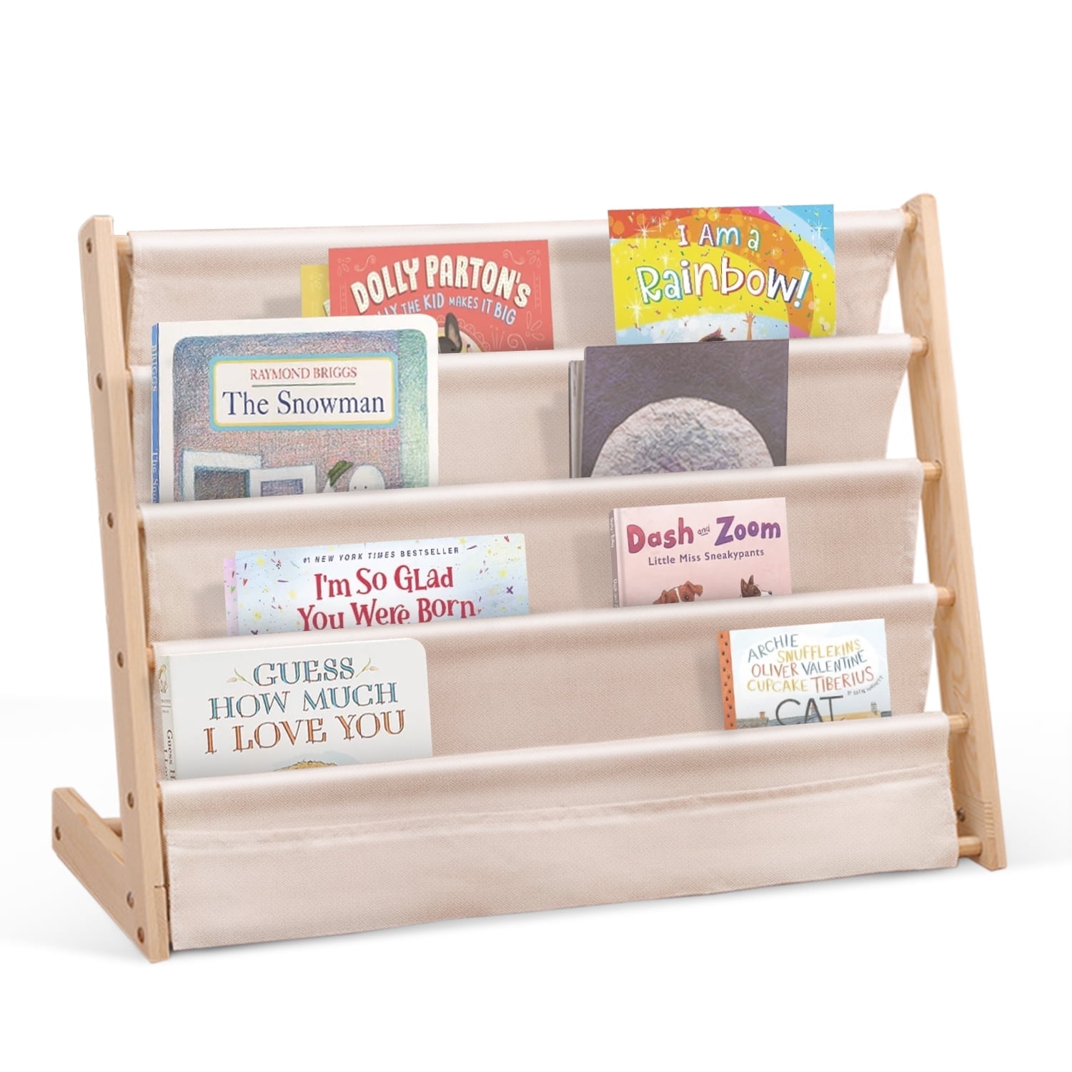 Kids Bookshelf, HDJ 4 Tier Wooden and Canvas Kids Bookcase, Sling Rack Bookshelf for Kids, Toddler Bookshelf for Playroom, Bedroom, Toddler Room, Nursery, Beige