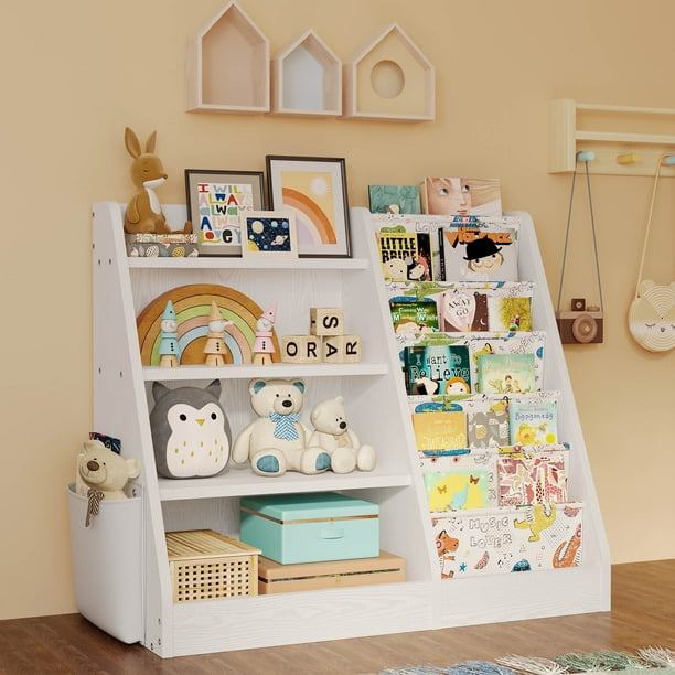 IRONCK 4 Tier Kids Bookshelf with 6 Layer Sling Bookcases Toy Storage Organizer for Playroom Kids Bedroom White