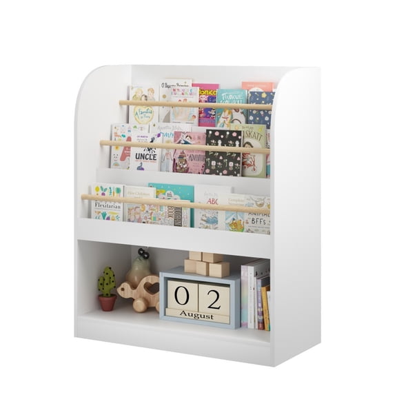 Kids Bookshelf with Open Storage, 3-Tier Front-Facing Children's Bookcase with Bottom Toy Compartment, Wooden Book Display Shelf for Toddlers, Nursery, Playroom & Bedroom, White
