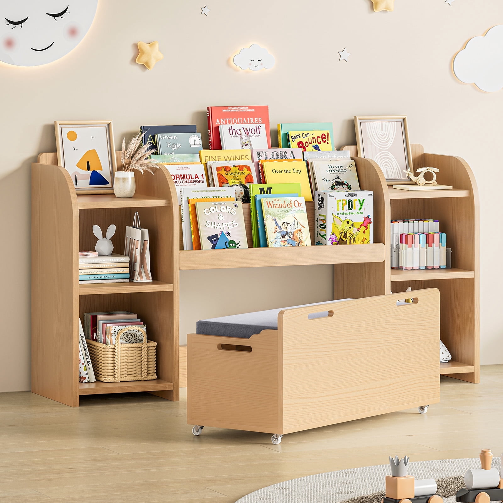 ROGALIS Kids Bookshelf with Reading Nook, 55.2" Toy Storage Organizer with Movable Bench with 3 Storage, 3-Tier Bookshelf, 6 Storage Cubbies for Bedroom, Playroom