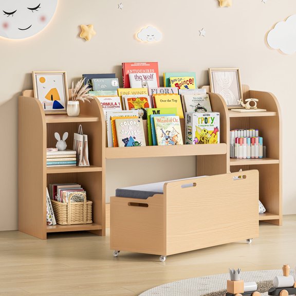 ROGALIS Kids Bookshelf with Reading Nook, 55.2" Toy Storage Organizer with Movable Bench with 3 Storage, 3-Tier Bookshelf, 6 Storage Cubbies for Bedroom, Playroom