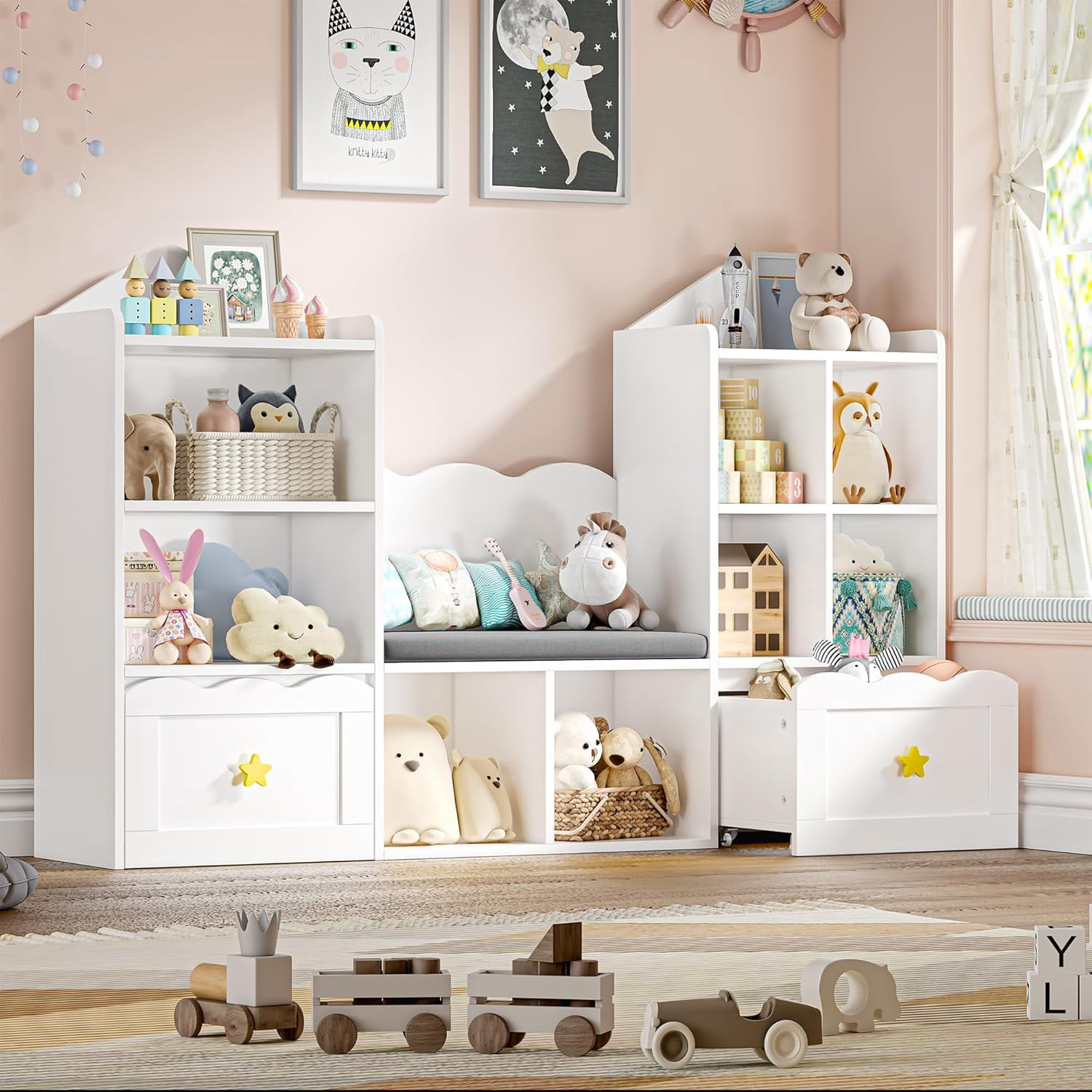 Kids Bookshelf with Reading Nook, Kids Bookcase with Soft Cushion Seat ...