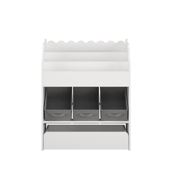 Kids Bookshelf with Storage Bins and Drawer, Multi-Functional Wooden Book Organizer for Toddlers, White Bookcase for Toys, Books and Nursery Room, Space Saving Storage for Small Spaces