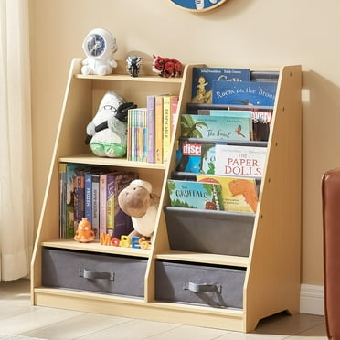 Kids Bookshelf with Storage Drawers and Layer Sling Bookcase, 4 Tier Toddlers Book and Toy Organizer and Dispaly Cabinet for Playroom, Kids Room, Classroom, Nursery