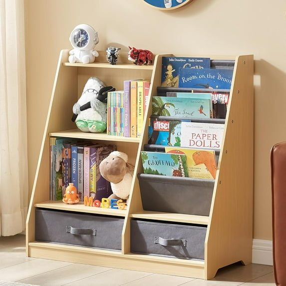 Kids Bookshelf with Storage Drawers and Layer Sling Bookcase, 4 Tier Toddlers Book and Toy Organizer and Dispaly Cabinet for Playroom, Kids Room, Classroom, Nursery (Natural)