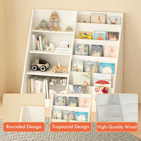 Kids Bookshelf and Storage Organizer, 4 Tier Wooden Toddlers Book Shelf with Bookcase Display Stand for Kids Room Playroom Nursery Living Room, for Kid Children Toddlers