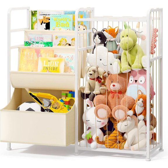 Kids Bookshelf and Stuffed Animal Storage - Multi-Function Nursery Book Shelves with Toy Box and PVC Book Display, Toy Organizer for Playroom, Bedroom, Nursery, Beige