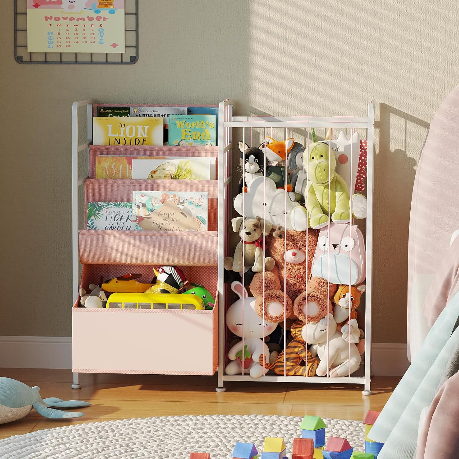 Kids Bookshelf and Stuffed Animal Storage - Multi-Function Nursery Book Shelves with Toy Box and PVC Book Display, Toy Organizer for Playroom, Bedroom, Nursery, Pink