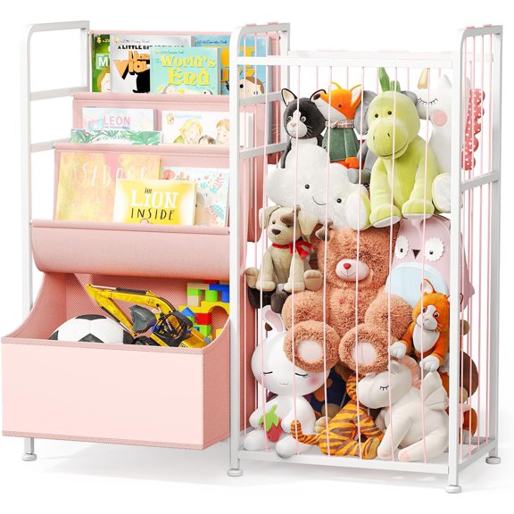 Kids Bookshelf and Stuffed Animal Storage - Multi-Function Nursery Book Shelves with Toy Box and PVC Book Display, Toy Organizer for Playroom, Bedroom, Nursery, Pink