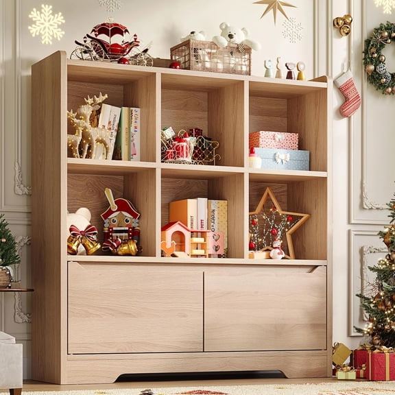 Kids Bookshelf and Toy Organizer, 2 Tier Kids Book Shelf for Kid Rooms with 2 Doors, 6 Cubes Storage Organizer,Wood Children Bookcase,Freestanding Toddler Book Display Shelf for Playroom