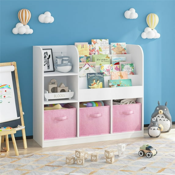 Kids Bookshelf and Toy Organizer, 3 Tier Bookshelf for Kids, Fabric Toddler Bookcase Book Shelf for Kids Rooms, Bedroom, Playroom, Nursery, Toy Storage Organizer with Bookshelf
