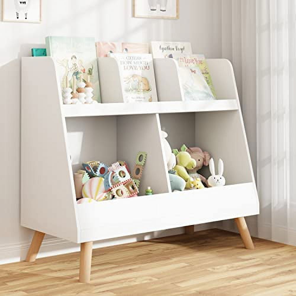 White Wooden Kids Bookshelf and Toy Organizer with Cubbies