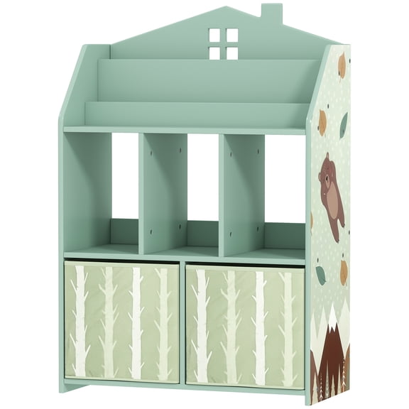 Kids Bookshelf Toy Organizer with Storage Bins, Green Bear House Design