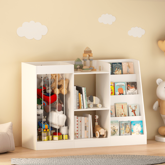 Kids Bookshelf and Toy Storage, 3-Tier Book Shelf for Kids Rooms, Sling Baby Bookcase with Stuffed Animal Storage, Toddler Montessori Bookshelf for Nursery, Playroom, Kindergarten, White