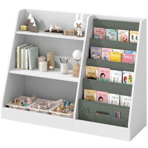 Kids Bookshelf and Toy Storage, 3 Tier Wooden Kids Bookcase with Storage, Floor-to-Ceiling Baby Book Organizer with Sling, Children Book Rack for Playroom, Classroom, Nursery, White