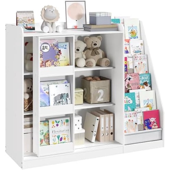Kids Bookshelf and Toy Storage, Bookcase with Sling Rack, Book Stand with Sliding Storage Door, Wooden Toy Organizer with Book Shelf, for Kids Room, Playroom, Nursery, White KBWT8601