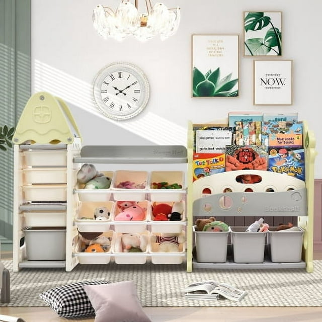 Kids Bookshelf Toy Storage Organizer with 17 Bins and 4 Bookshelves, Multi-functional Nursery Organizer Kids Furniture Set Toy Storage Cabinet Unit with HDPE Shelf and Bins for Playroom, Light Green