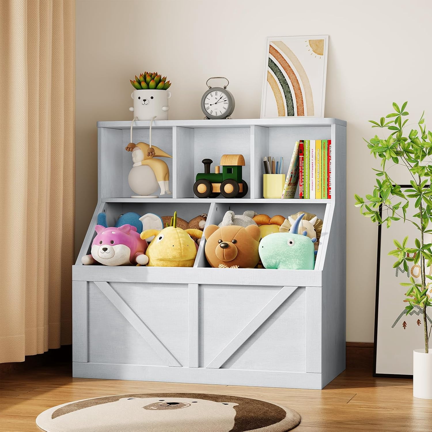 Kids Bookshelf & Toy Storage Organizer, 3-Cube Open Shelves with 2 Storage Bins, Toddler Bookcase for Playroom, Nursery, Kids Room, Bedroom, Daycare