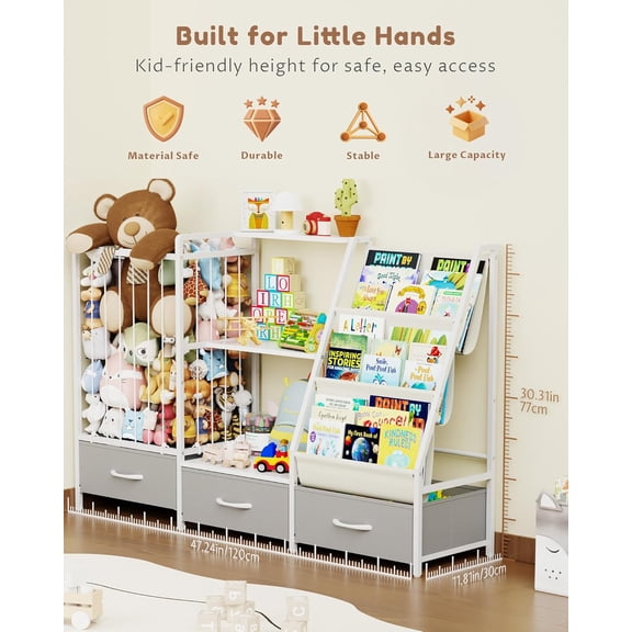 Kids Bookshelf and Toy Storage Organizer - 3-Tier Sling Bookcase with Stuffed Animal Storage and Fabric Toy Drawer - Kids Bin Shelf for Nursery, Bedroom & Playroom, 47.2" W