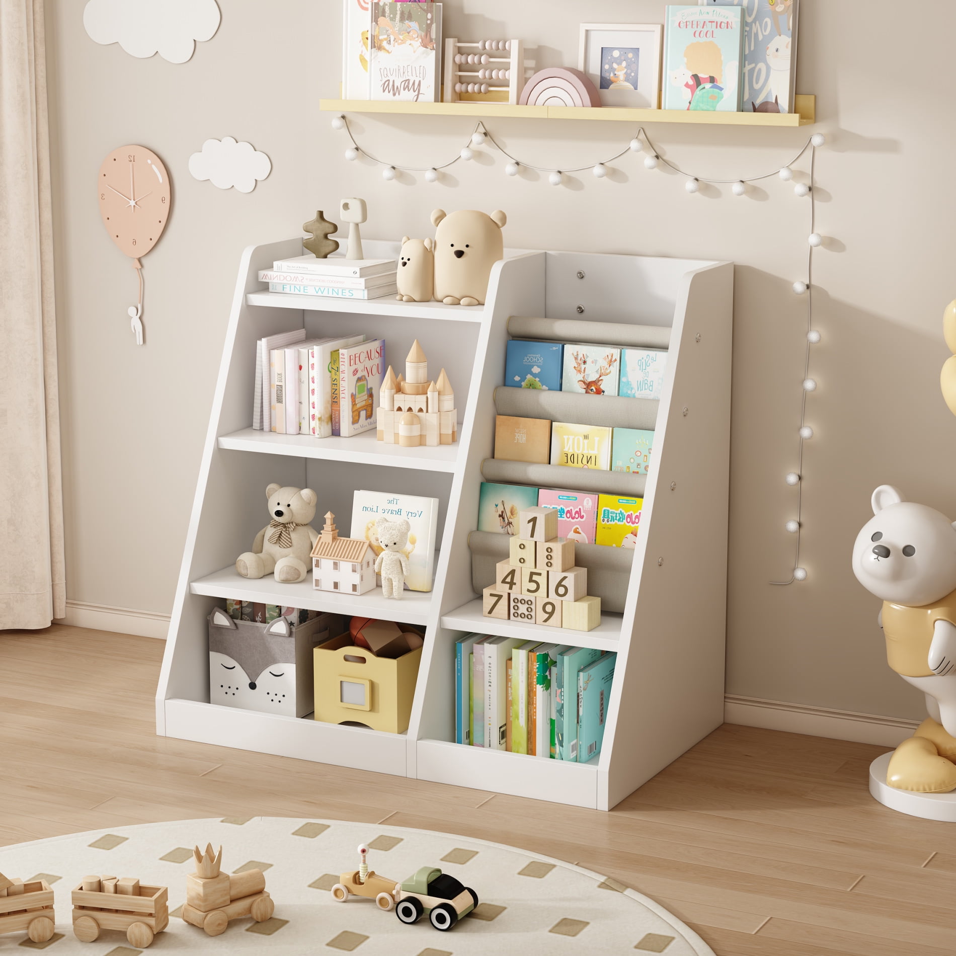 Kids Bookshelf With 4 Sling Pockets & 3 Toy Storage Bins – Perfect For Nursery, Playroom, Or Bedroom Organization