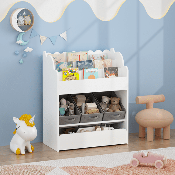 Kids Bookshelf and Toy Storage Organizer with Bottom Drawer, Multi-Functional Wooden Book Shelf with 3 Fabric Toy Baskets & Multiple Shelves, Toddler Children's Bookshelf for Nursery Playroom Bedroom