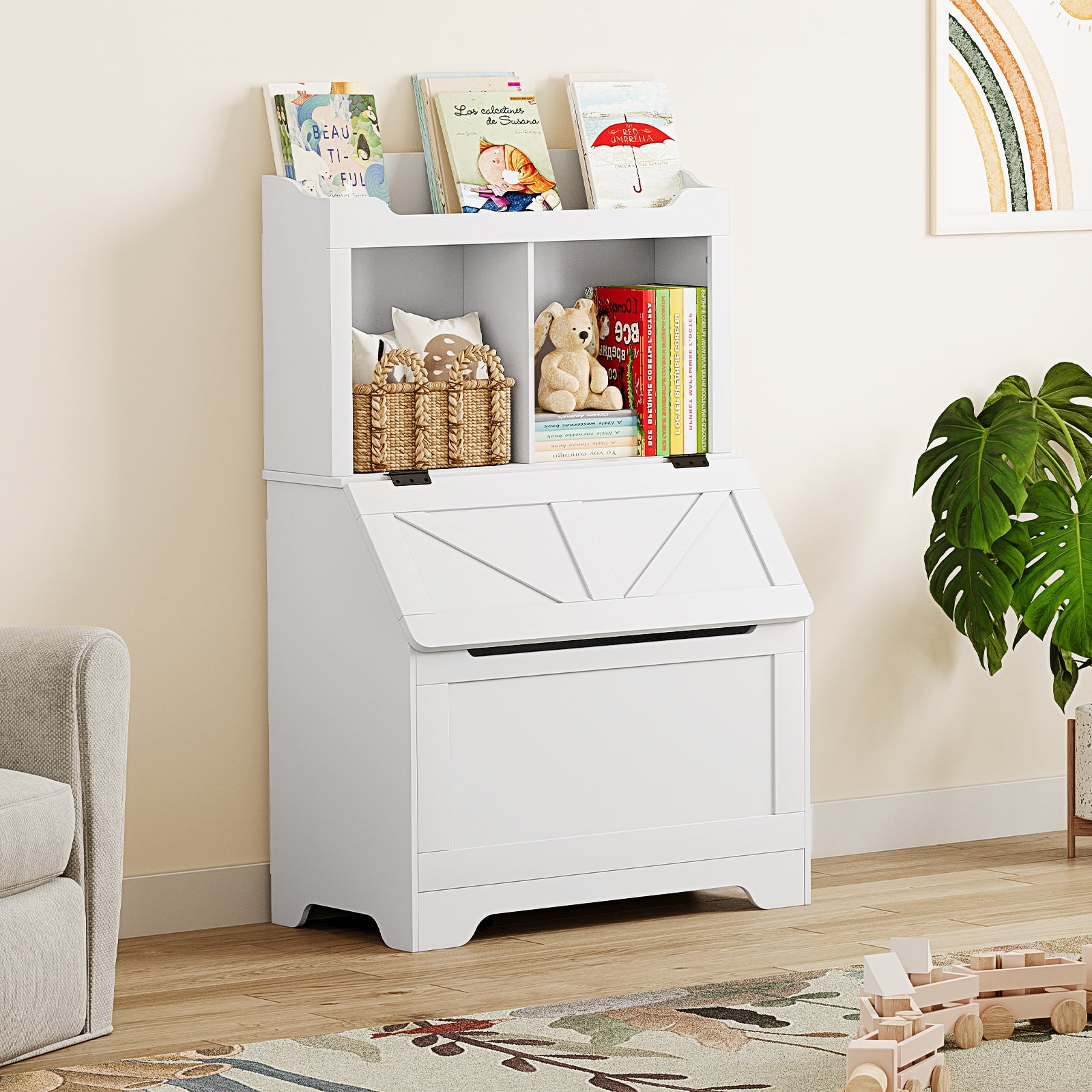 Kids Bookshelf and Toy Storage Organizer, Large Wooden Toy Box Chest with Flip-top Lid and Cubby, 3-Tire Children's Bookcase with Toy Storage Cabinet for Playroom Bedroom Nursery Kindergarten Hallway