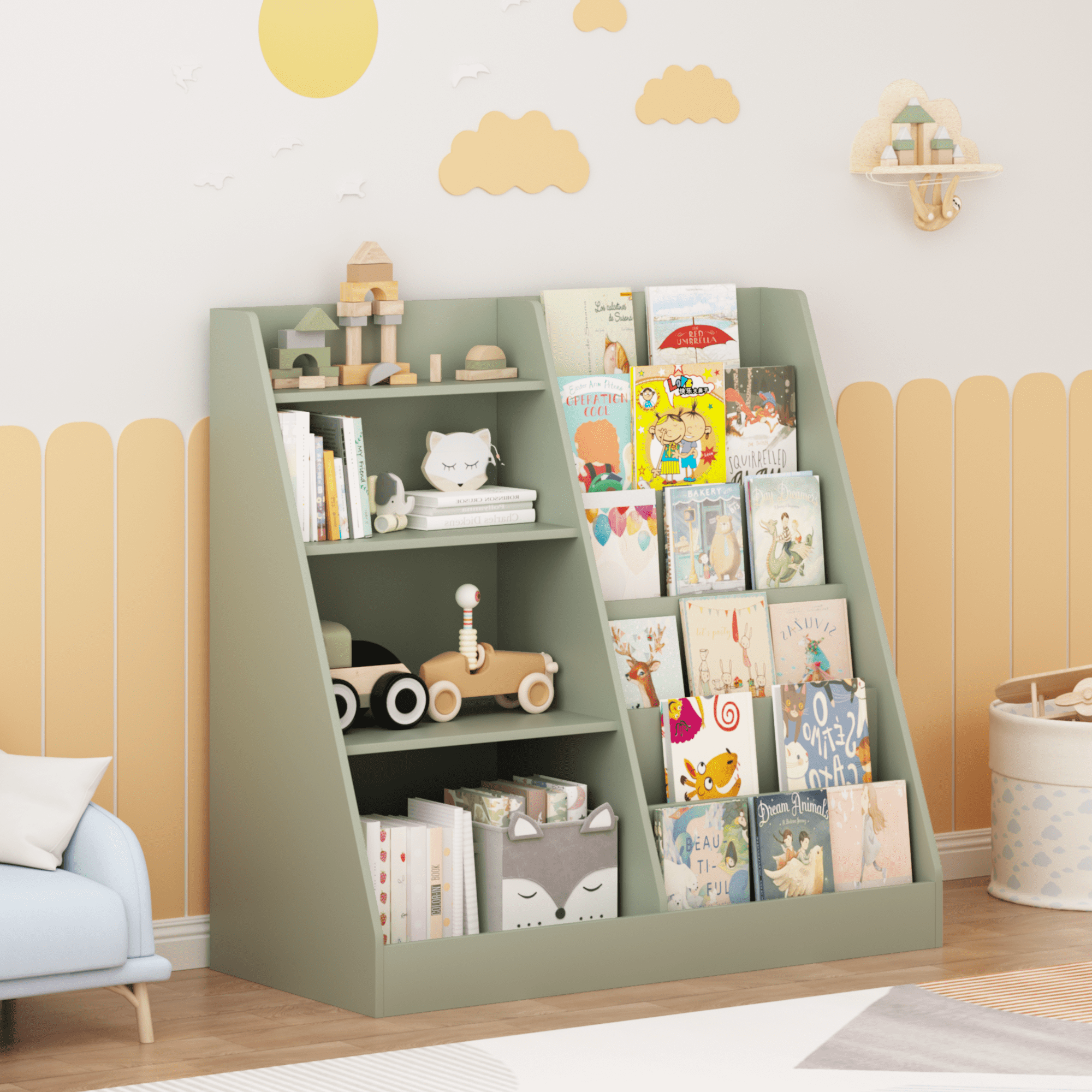 Kids Bookshelf and Toy Storage Organizer, Multifunctional 4 Tier Wooden Kids Book Shelf with Bookcase Display Stand in Kids Room Playroom Nursery for Kids, Children, Toddlers (Sage)