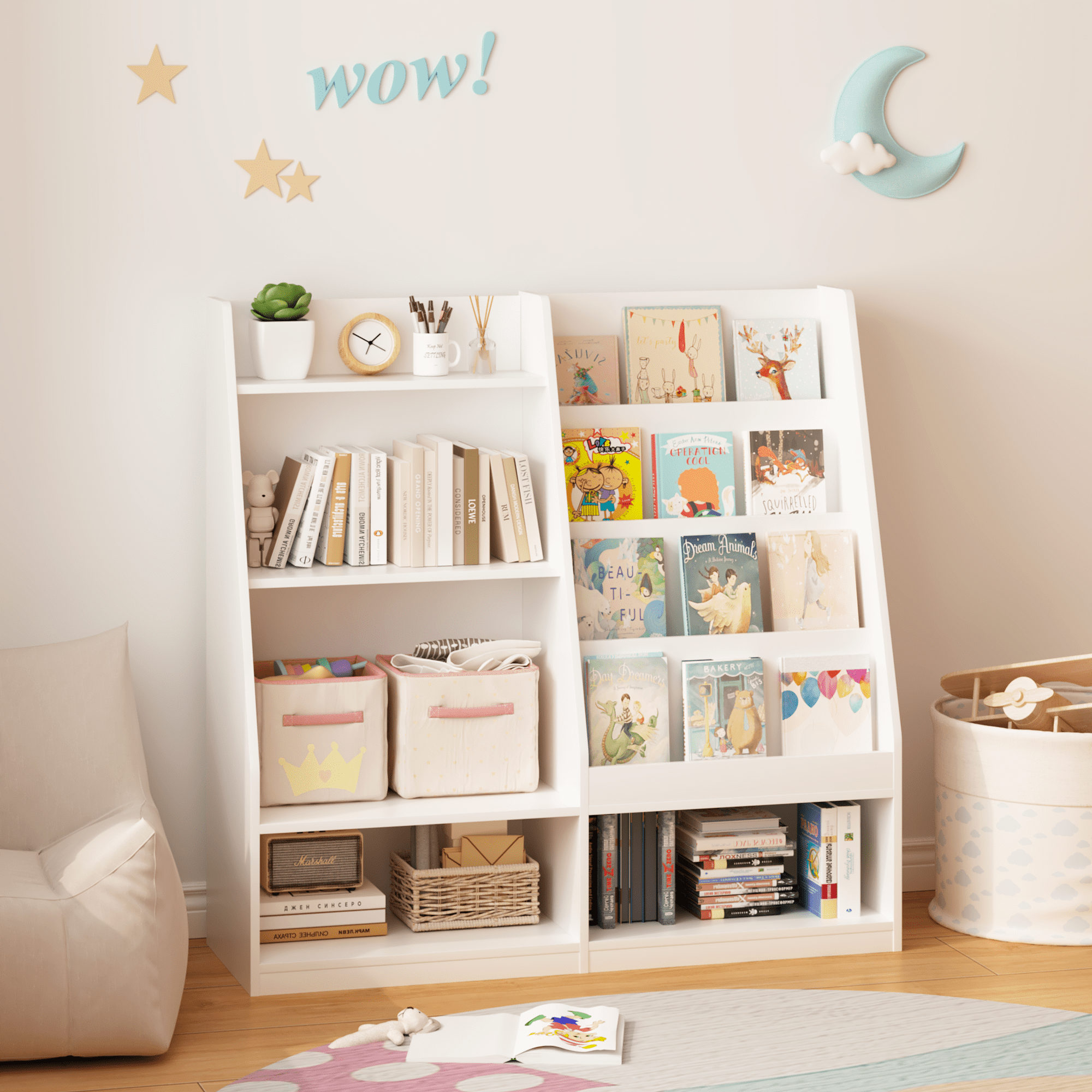 Kids Bookshelf and Toy Storage Organizer, Multifunctional 4 Tier Wooden Kids Book Shelf with Bookcase Display Stand in Kids Room Playroom Nursery for Kids, Children, Toddlers (White)