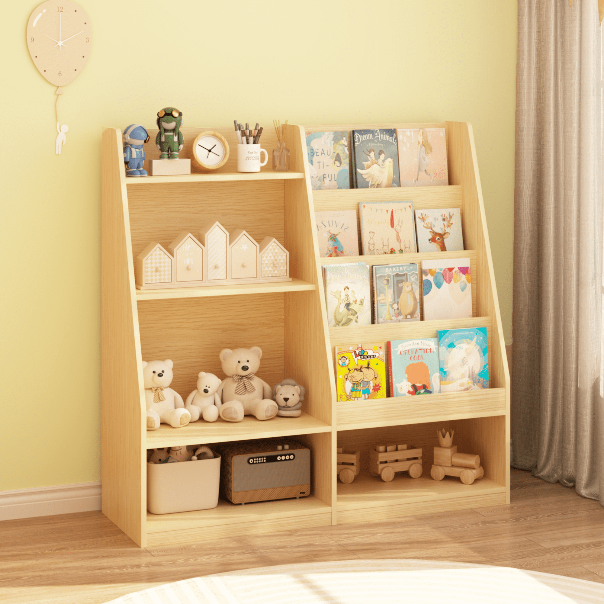 Kids Bookshelf and Toy Storage Organizer, Multifunctional 4 Tier Wooden Kids Book Shelf with Bookcase Display Stand in Kids Room Playroom Nursery for Kids, Children, Toddlers (Natural)