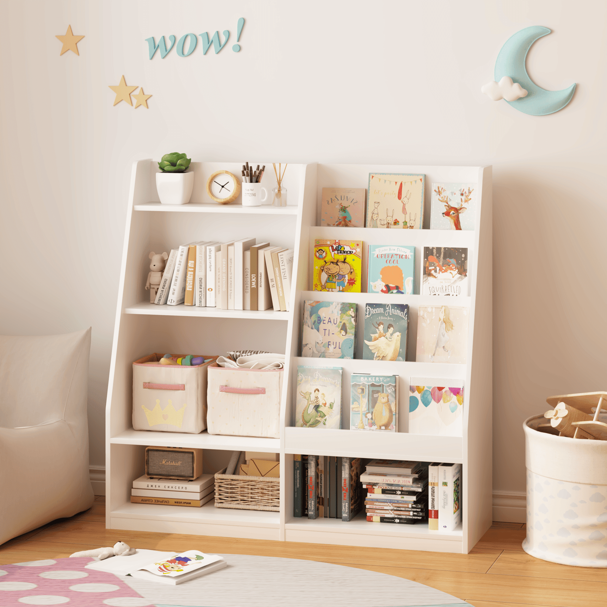 Kids Bookshelf and Toy Storage Organizer, Multifunctional 4 Tier Wooden
