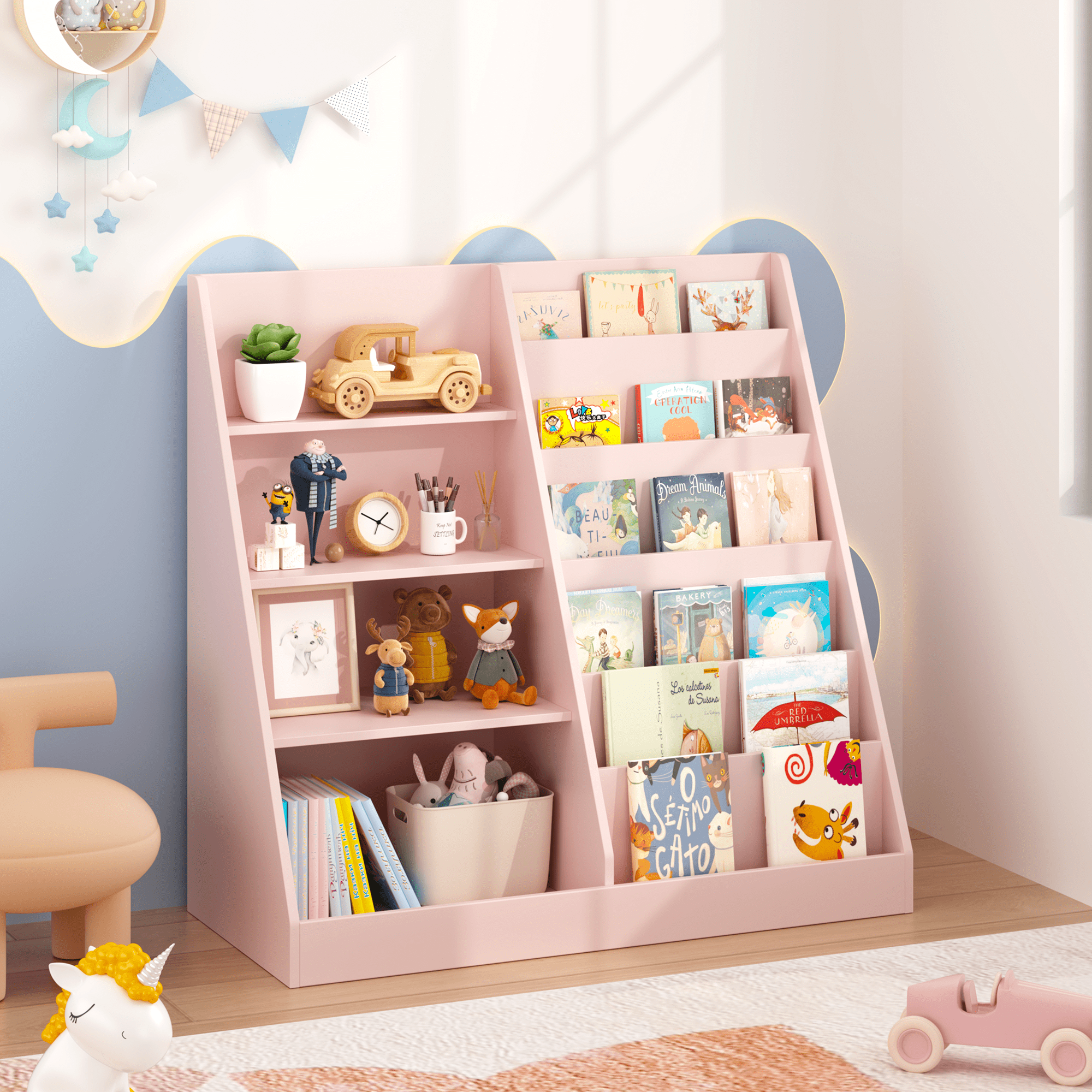 Kids Bookshelf and Toy Storage Organizer, Multifunctional 4 Tier Wooden Kids Book Shelf with Bookcase Display Stand in Kids Room Playroom Nursery for Kids, Children, Toddlers (Pink)