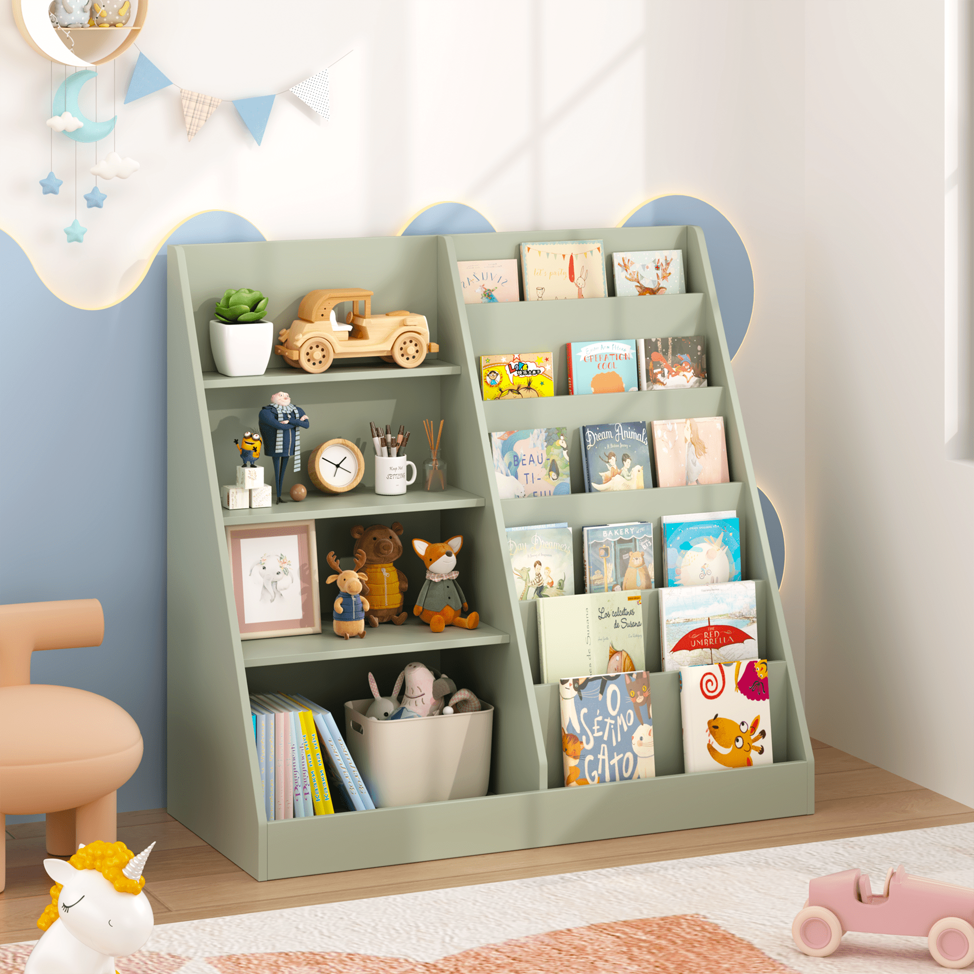 Kids Bookshelf and Toy Storage Organizer, Multifunctional 4 Tier Wooden Kids Book Shelf with Bookcase Display Stand in Kids Room Playroom Nursery for Kids, Children, Toddlers (Sage)