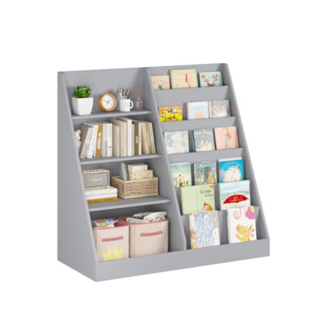 Kids Bookshelf and Toy Storage Organizer, Wooden Kids Bookcase with Multi-Level Shelves & Toy Storage, Children's Book Display Stand for Playroom, Nursery & Kids Room, Gray