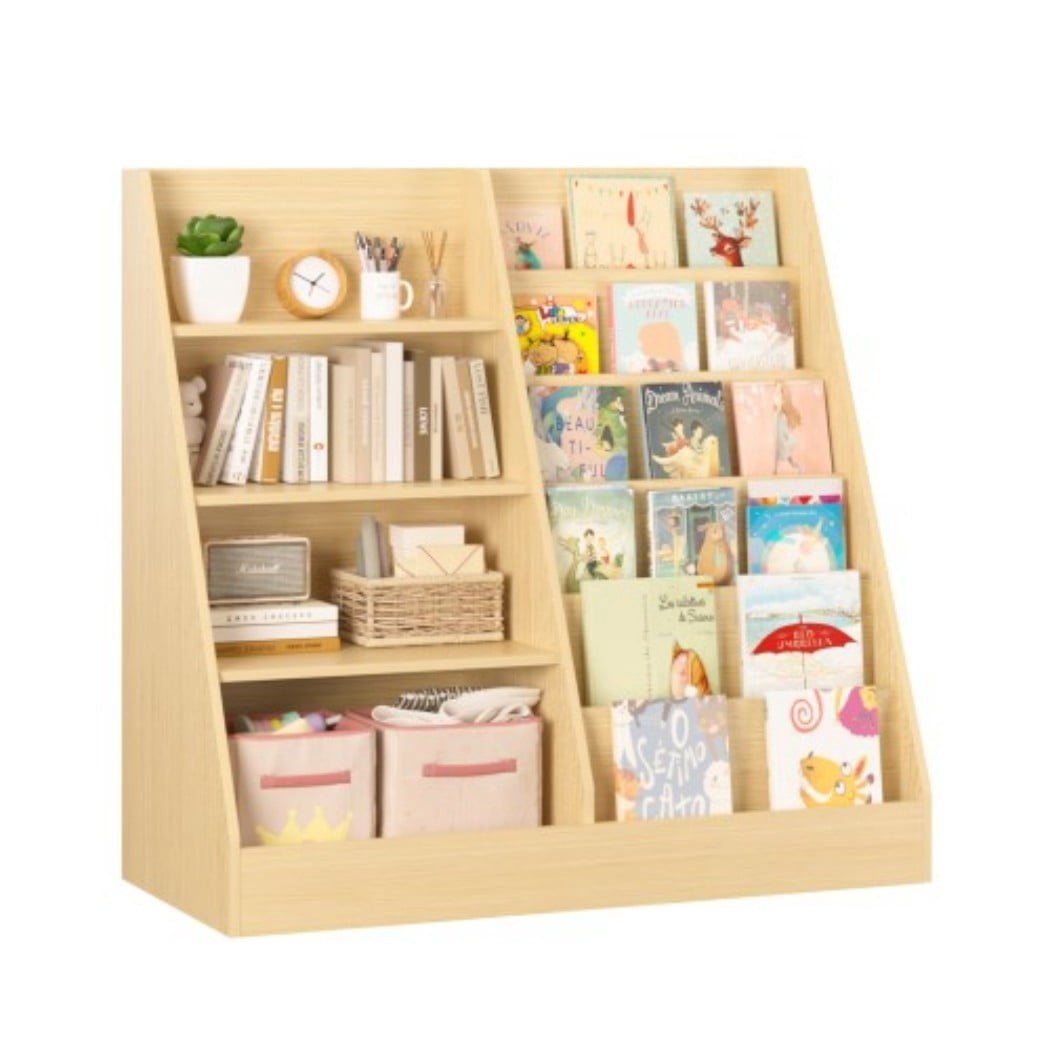 Kids Bookshelf and Toy Storage Organizer, Wooden Kids Bookcase with Multi-Level Shelves & Toy Storage, Children's Book Display Stand for Playroom, Nursery & Kids Room, Natural