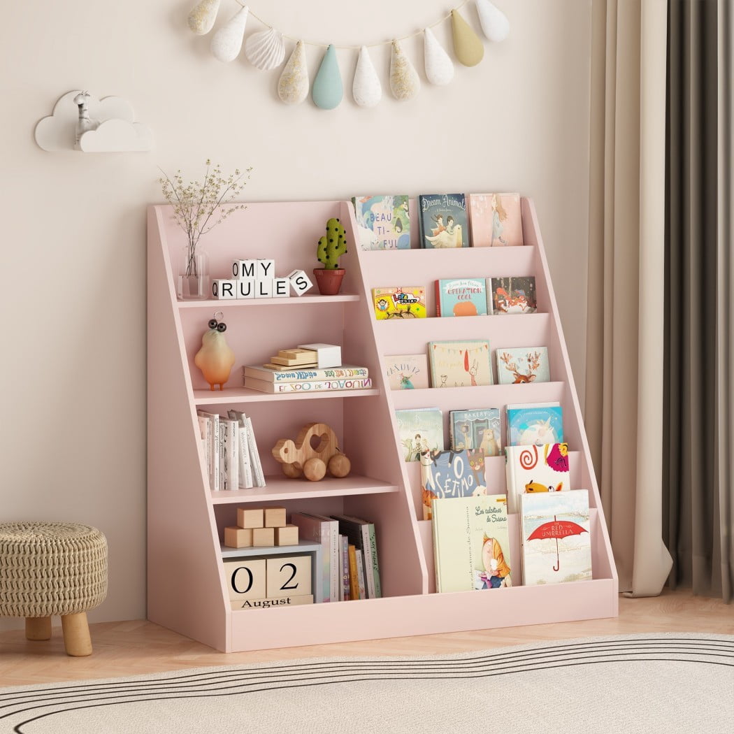 Kids Bookshelf and Toy Storage Organizer, Wooden Kids Bookcase with Multi-Level Shelves & Toy Storage, Children's Book Display Stand for Playroom, Nursery & Kids Room, Pink