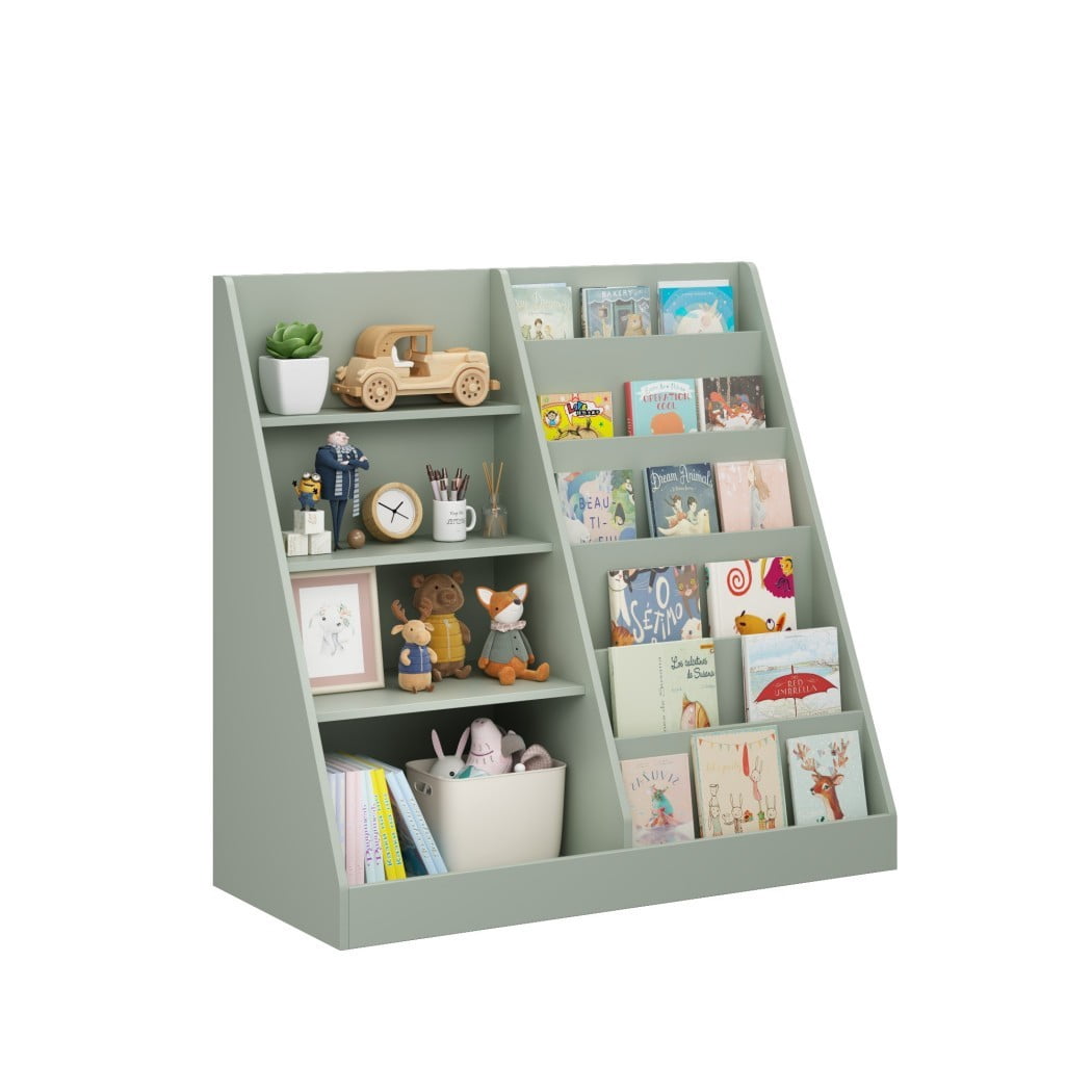 Kids Bookshelf and Toy Storage Organizer, Wooden Kids Bookcase with Multi-Level Shelves & Toy Storage, Children's Book Display Stand for Playroom, Nursery & Kids Room, Sage