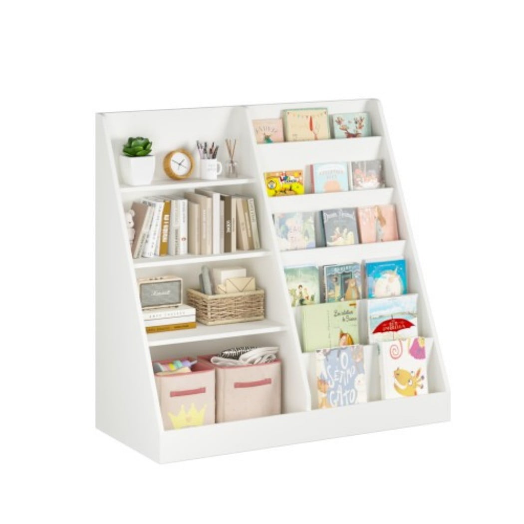 Kids Bookshelf and Toy Storage Organizer, Wooden Kids Bookcase with Multi-Level Shelves & Toy Storage, Children's Book Display Stand for Playroom, Nursery & Kids Room, White