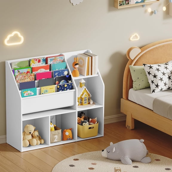 Kids Bookshelf and Toy Storage, Toy Storage Organizer with Bookshelf, Book Shelf for Kids Room, 5-Tier Sling Bookcase, for Kids Room, Living Room, Playroom, Nursery, White KBWT8201