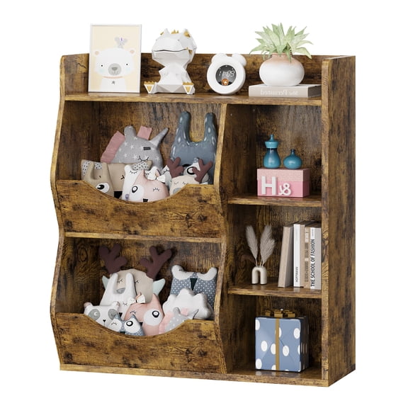 Kids Bookshelf and Toy Storage Unit, Wooden Children Bookcase with 3 Tiers 5 Compartments, Free Standing Book Shelf Toy Storage Organiser for Study Nursery Kids Room Playroom 81x30x92cm-Retro