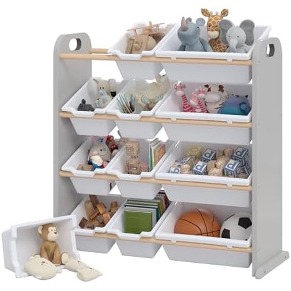 Kids Bookshelf Toy Storage with 12 Bins, Wooden Toy Rack for Toddlers, Large-Capacity Playroom Storage for Books, Toys, and Stuffed Animals, Grey