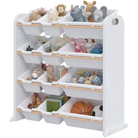 Kids Bookshelf Toy Storage with 12 Bins, Wooden Toy Rack for Toddlers, Large-Capacity Playroom Storage for Books, Toys, and Stuffed Animals, White