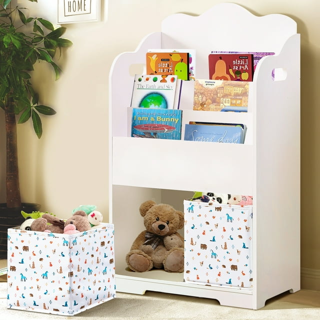 Kids Bookshelf With 2 Toy Storage Bins, Toddler Small Bookshelf with 3