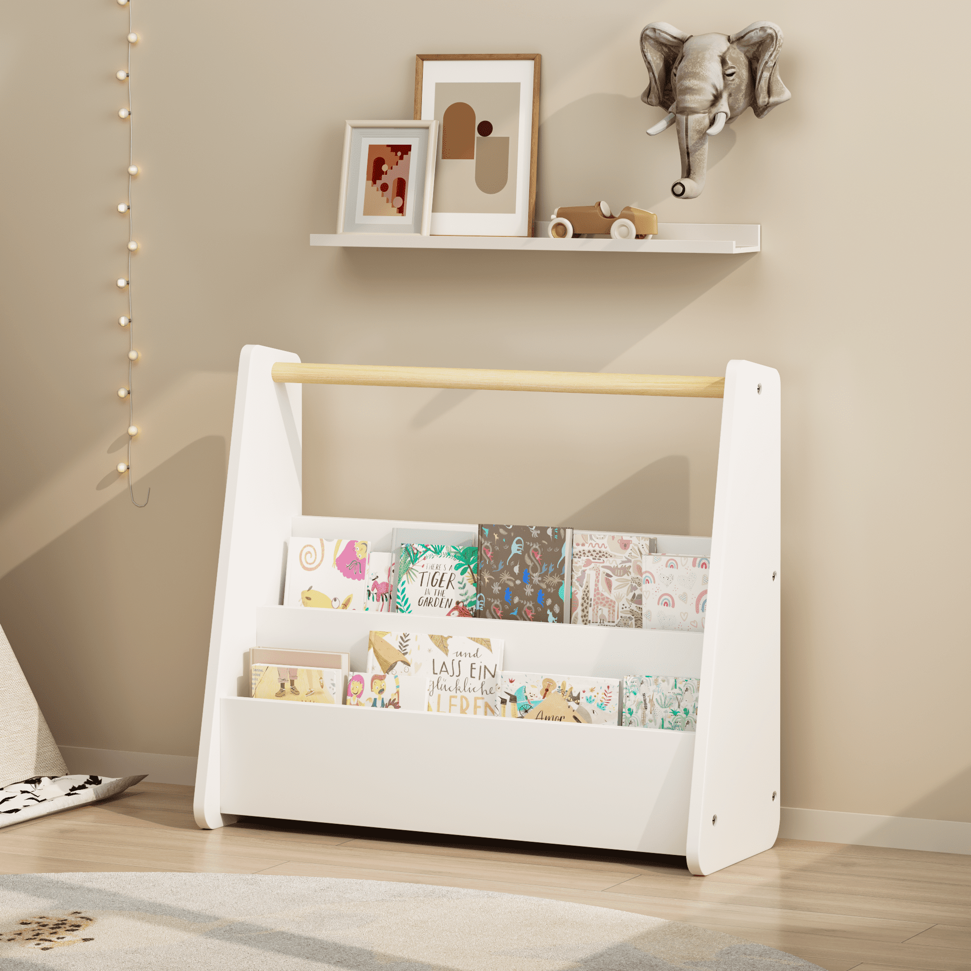 Kids Bookshelf with Wooden Handle, 2-Tier Front-Facing Toddler Bookcase, Portable Children's Book Storage Organizer for Bedroom, Playroom, Nursery, or Classroom, White