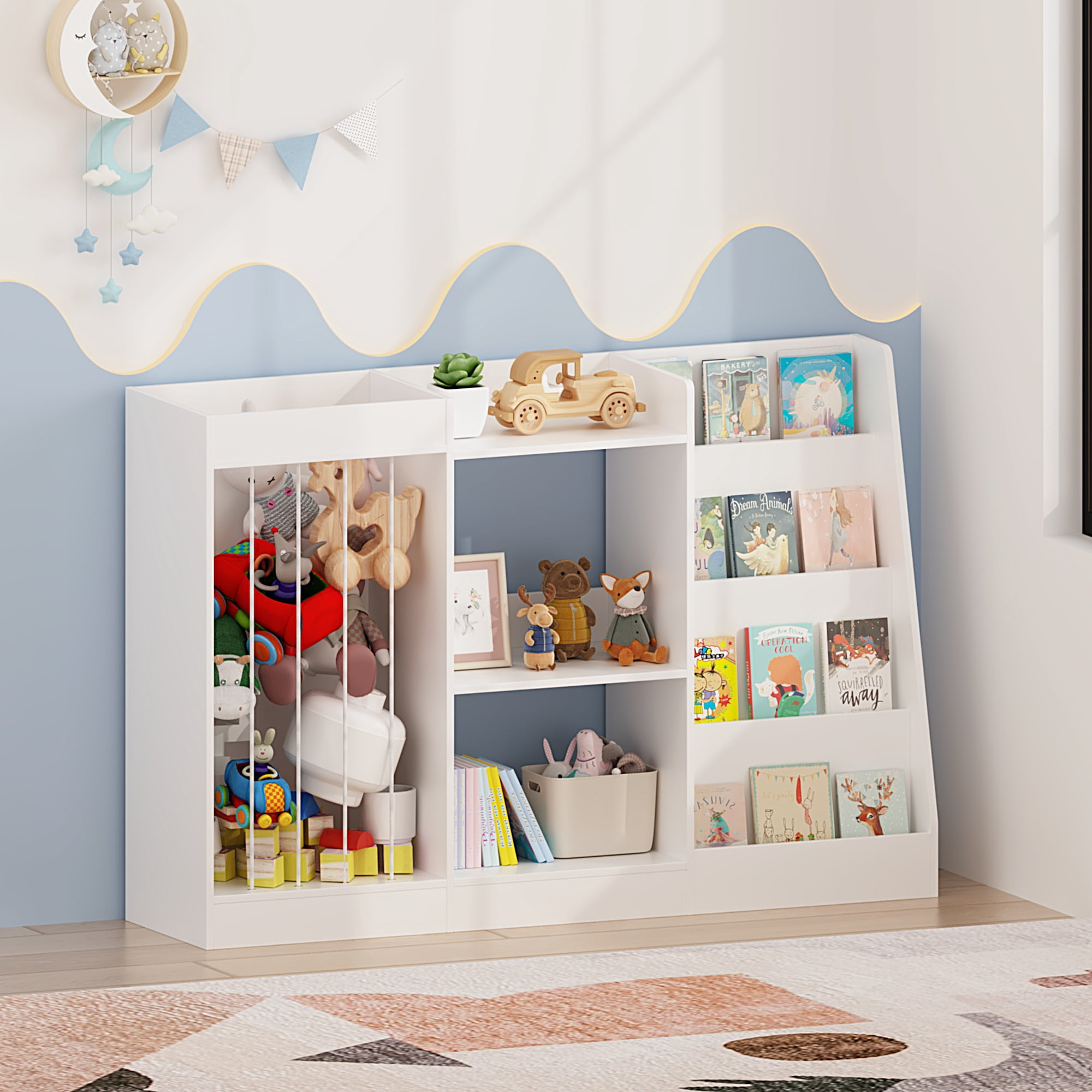 Kids Bookshelf and Toy Storage 3-Tier with Stuffed Animal Organizer, Montessori Toddler Bookcase for Nursery and Playroom, White