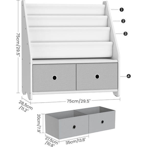 Kids Bookshelf and Toy Storage, 4 Tier Large Capacity Kids Book Rack, Sling Kid Bookcase, for Kids Room, Nursery, Playroom, White and Gray MCW06WT